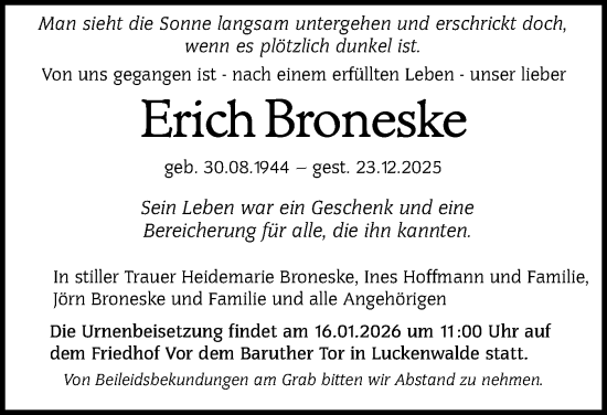 Traueranzeige von Erich Broneske von Blickpunkt Jüterbog/Luckenwalde