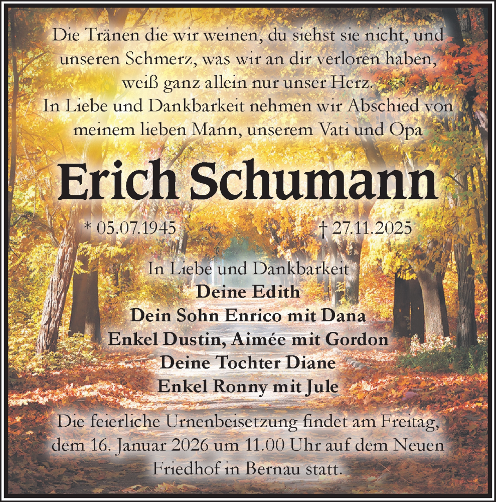  Traueranzeige für Erich Schumann vom 10.01.2026 aus Märkische Oderzeitung