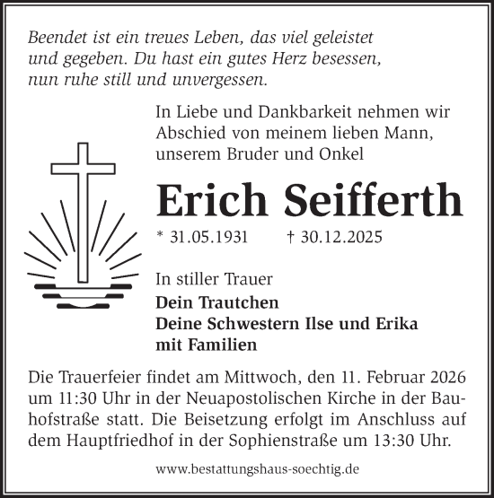 Traueranzeige von Erich Seifferth von Märkische Oderzeitung
