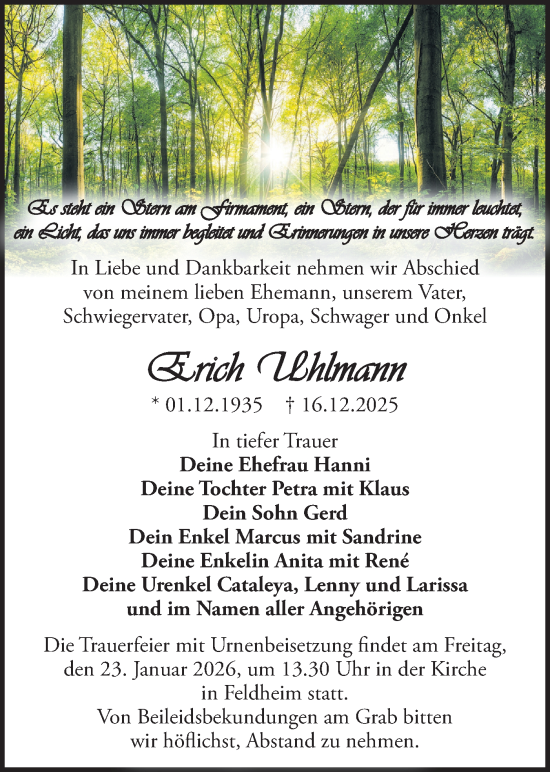 Traueranzeige von Erich Uhlmann von Blickpunkt Jüterbog/Luckenwalde