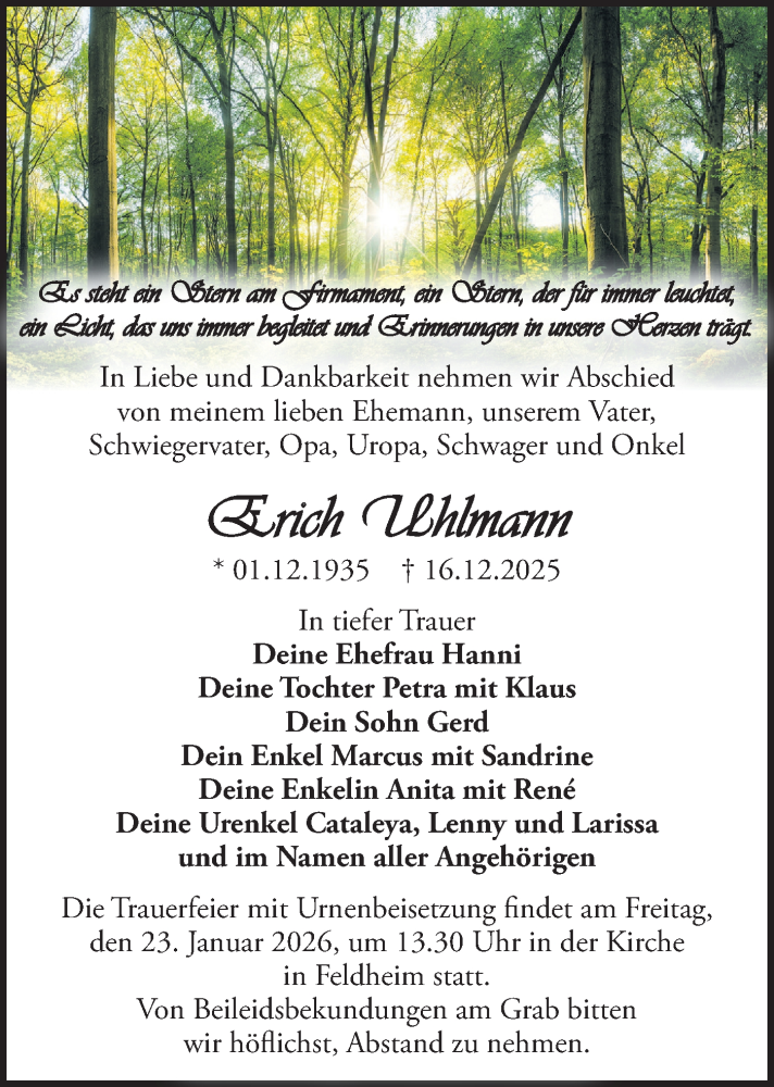  Traueranzeige für Erich Uhlmann vom 03.01.2026 aus Blickpunkt Jüterbog/Luckenwalde
