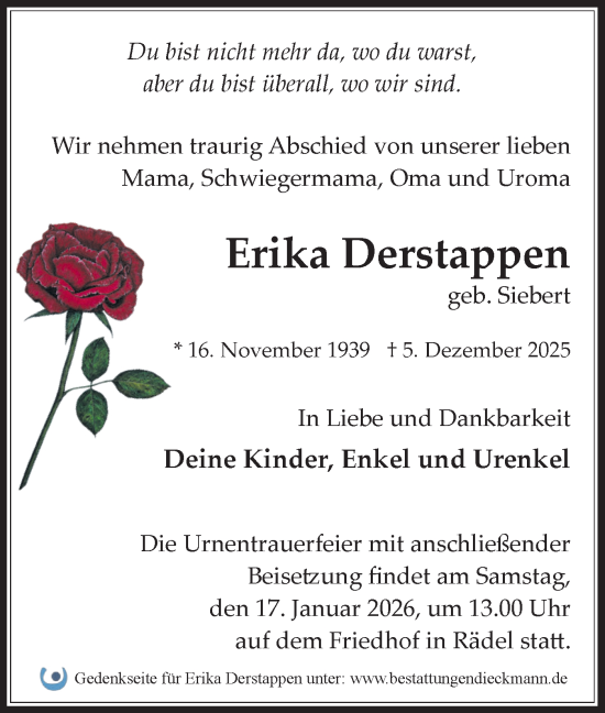Traueranzeige von Erika Derstappen von Märkische Oderzeitung