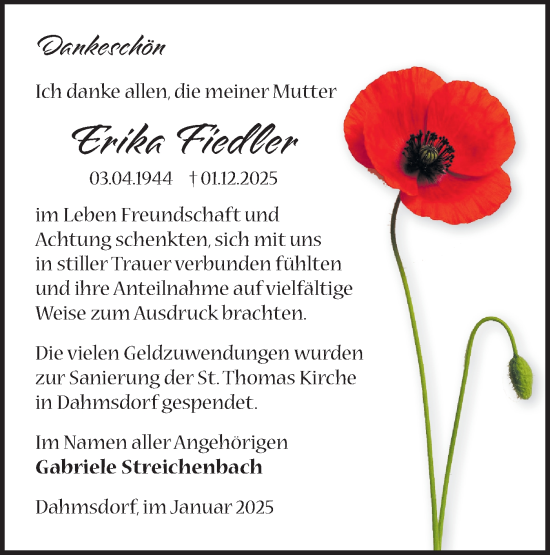 Traueranzeige von Erika Fiedler von Märkische Oderzeitung