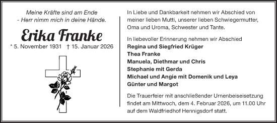 Traueranzeige von Erika Franke von Märkische Oderzeitung