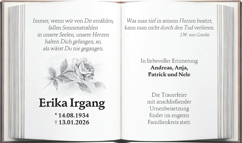  Traueranzeige für Erika Irgang vom 24.01.2026 aus Märkische Oderzeitung