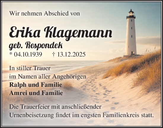 Traueranzeige von Erika Klagemann von Märkische Oderzeitung
