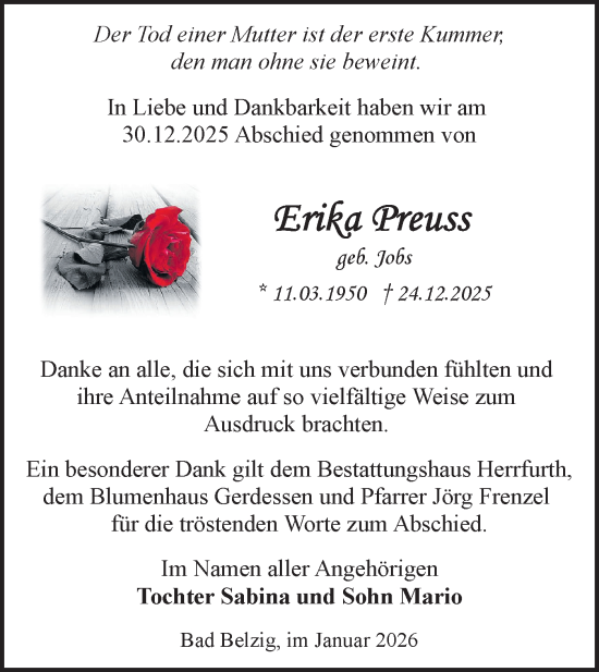 Traueranzeige von Erika Preuß von Märkische Oderzeitung