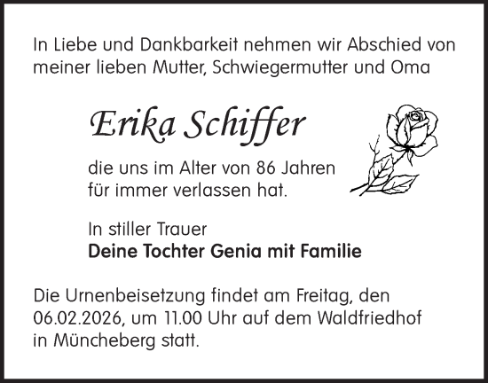 Traueranzeige von Erika Schiffer von Märkische Oderzeitung