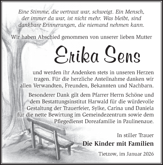 Traueranzeige von Erika Sens von Märkische Oderzeitung