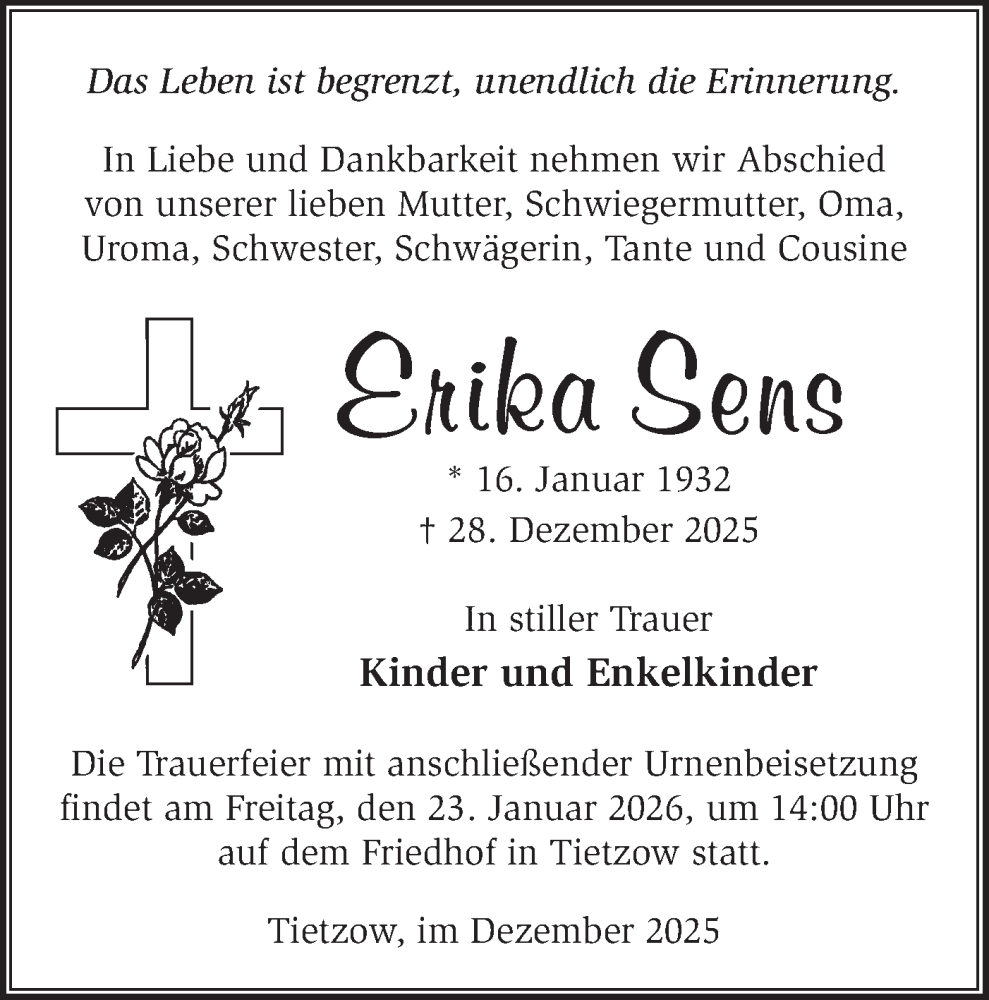  Traueranzeige für Erika Sens vom 10.01.2026 aus Märkische Oderzeitung