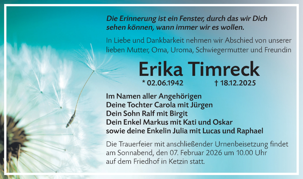  Traueranzeige für Erika Timreck vom 03.01.2026 aus Märkische Oderzeitung