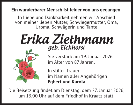 Traueranzeige von Erika Ziethmann von Märkische Oderzeitung