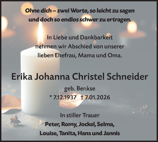 Traueranzeige von Erika Johanna Christel Schneider von Märkische Oderzeitung