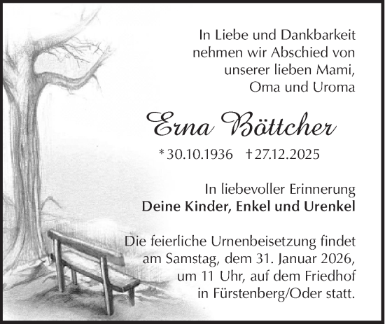 Traueranzeige von Erna Böttcher von Märkische Oderzeitung
