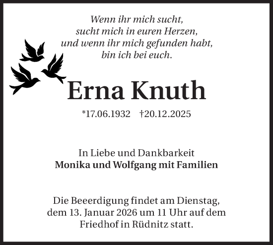 Traueranzeige von Erna Knuth von Märkische Oderzeitung
