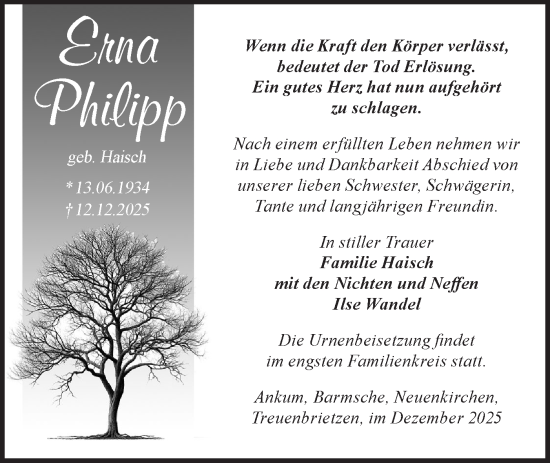 Traueranzeige von Erna Philipp von Blickpunkt Jüterbog/Luckenwalde