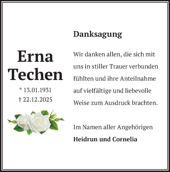 Traueranzeige von Erna Techen von Märkische Oderzeitung