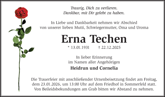 Traueranzeige von Erna Techen von Märkische Oderzeitung
