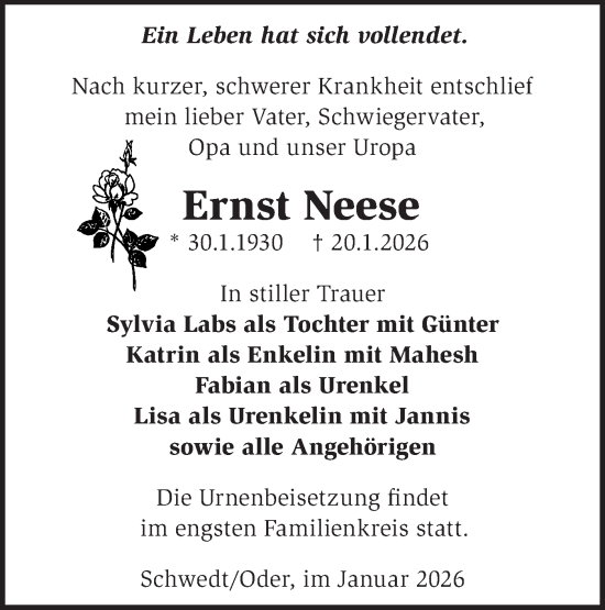 Traueranzeige von Ernst Neese von MO Uckerm.-Anz.