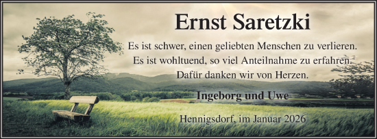 Traueranzeige von Ernst Saretzki von Märkische Oderzeitung