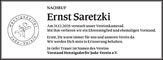 Traueranzeige von Ernst Saretzki von Märkische Oderzeitung