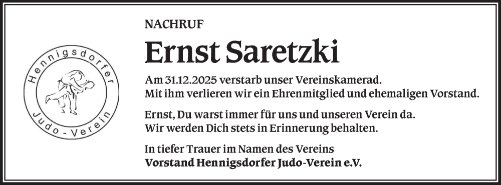  Traueranzeige für Ernst Saretzki vom 17.01.2026 aus Märkische Oderzeitung