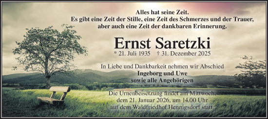 Traueranzeige von Ernst Saretzki von Märkische Oderzeitung