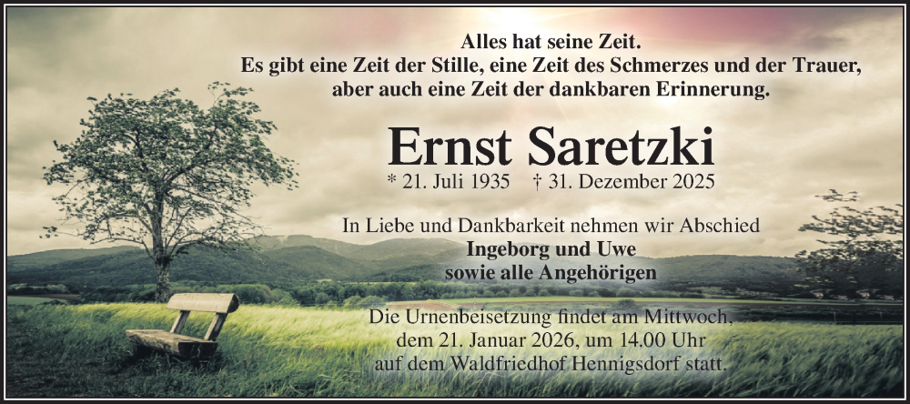  Traueranzeige für Ernst Saretzki vom 10.01.2026 aus Märkische Oderzeitung