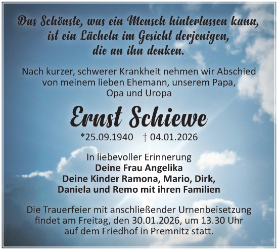 Traueranzeige von Ernst Schiewe von Märkische Oderzeitung