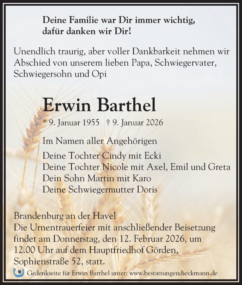  Traueranzeige für Erwin Barthel vom 24.01.2026 aus Märkische Oderzeitung