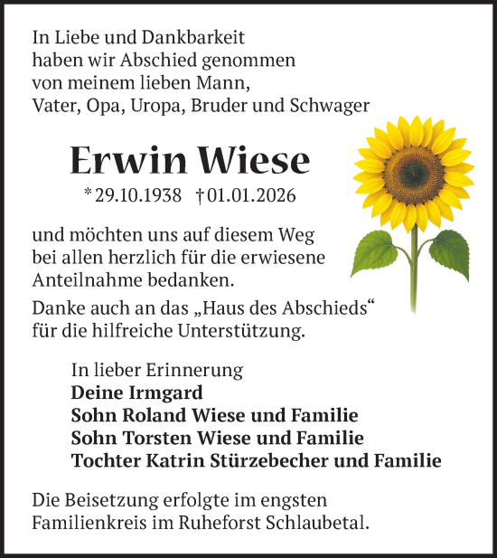 Traueranzeige von Erwin Wiese von Märkische Oderzeitung