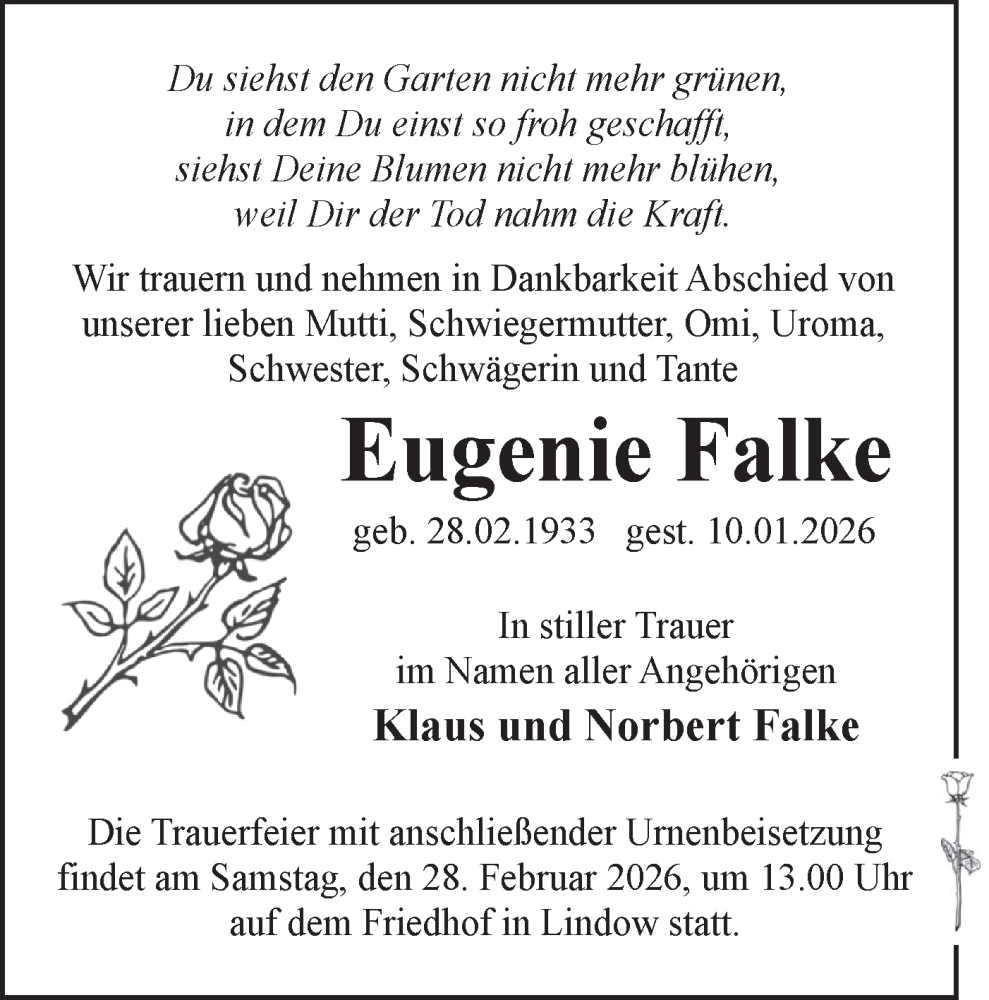  Traueranzeige für Eugenie Falke vom 17.01.2026 aus Märkische Oderzeitung
