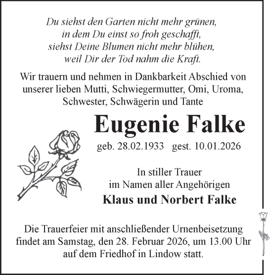 Traueranzeige von Eugenie Falke von Märkische Oderzeitung