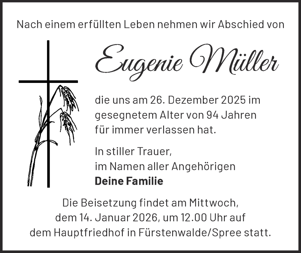  Traueranzeige für Eugenie Müller vom 10.01.2026 aus Märkische Oderzeitung