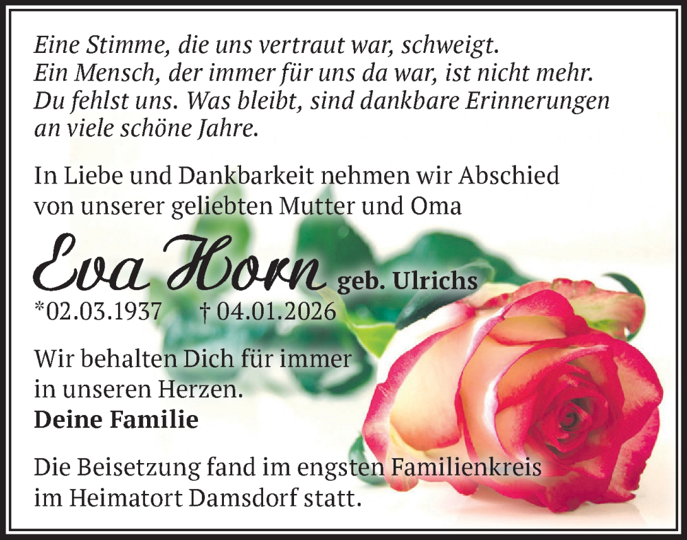  Traueranzeige für Eva Horn vom 24.01.2026 aus Märkische Oderzeitung