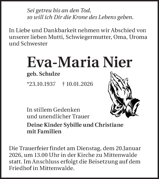 Traueranzeige von Eva-Maria Nier von Blickpunkt Ludwigsfelde/Zossen