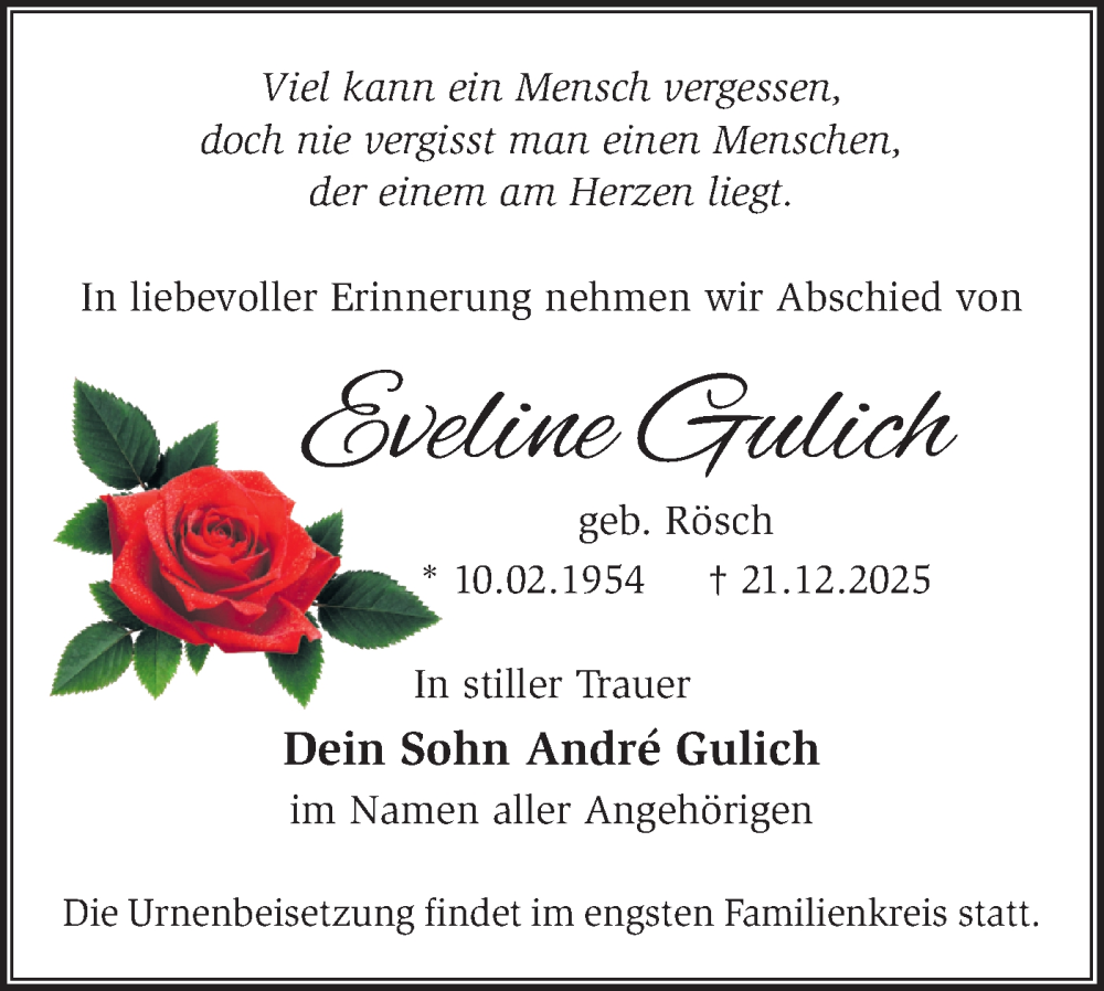  Traueranzeige für Eveline Gulich vom 10.01.2026 aus Märkische Oderzeitung