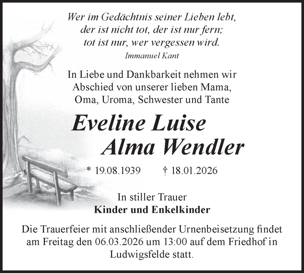  Traueranzeige für Eveline Luise Alma Wendler vom 31.01.2026 aus Blickpunkt Ludwigsfelde/Zossen