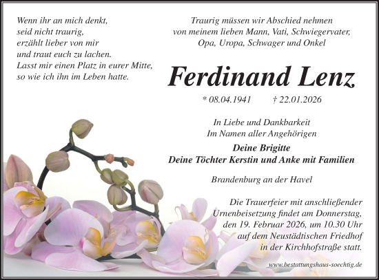 Traueranzeige von Ferdinand Lenz von Märkische Oderzeitung