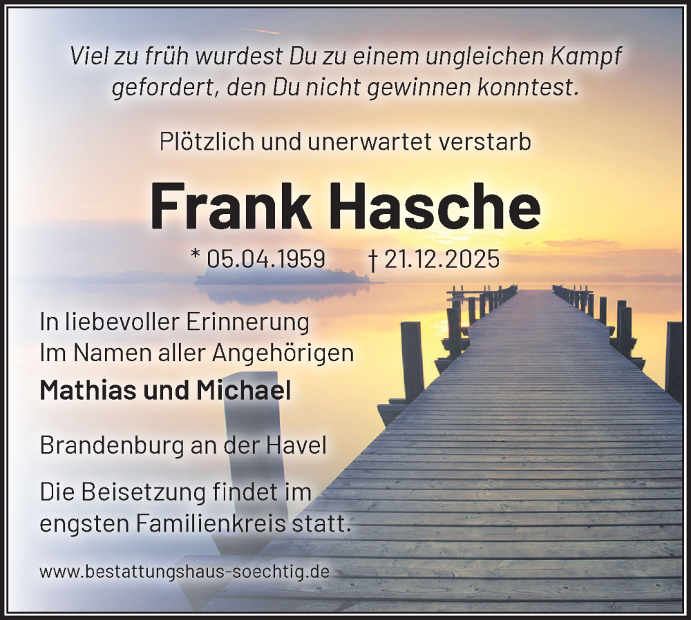  Traueranzeige für Frank Hasche vom 10.01.2026 aus Märkische Oderzeitung