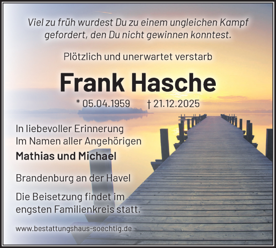 Traueranzeige von Frank Hasche von Märkische Oderzeitung