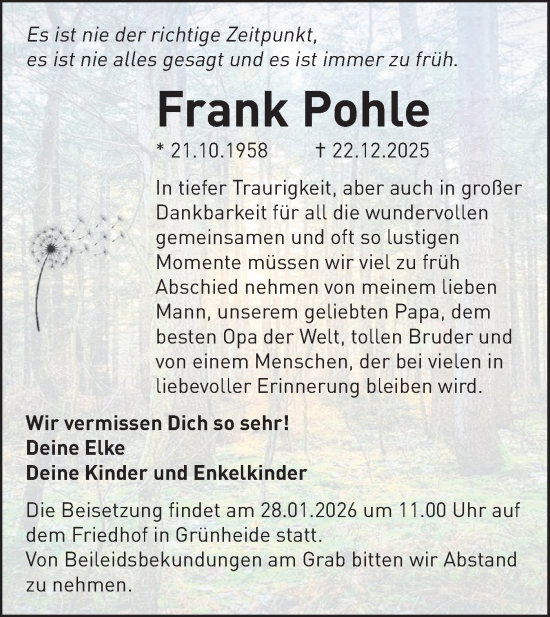 Traueranzeige von Frank Pohle von Märkische Oderzeitung