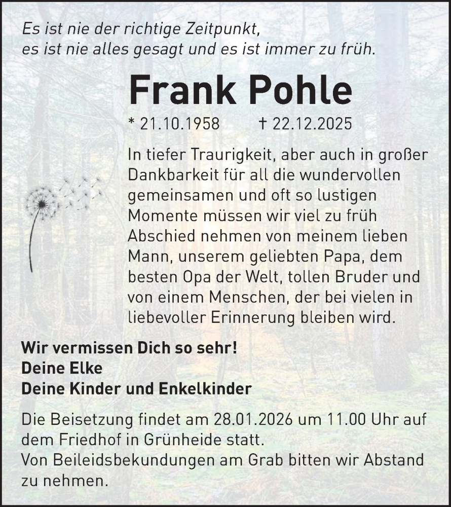  Traueranzeige für Frank Pohle vom 17.01.2026 aus Märkische Oderzeitung
