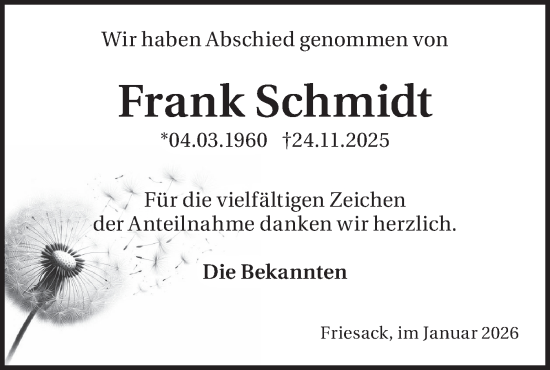 Traueranzeige von Frank Schmidt von Märkische Oderzeitung