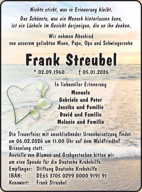 Traueranzeige von Frank Streubel von Märkische Oderzeitung