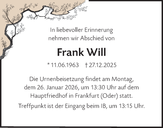 Traueranzeige von Frank Will von Märkische Oderzeitung