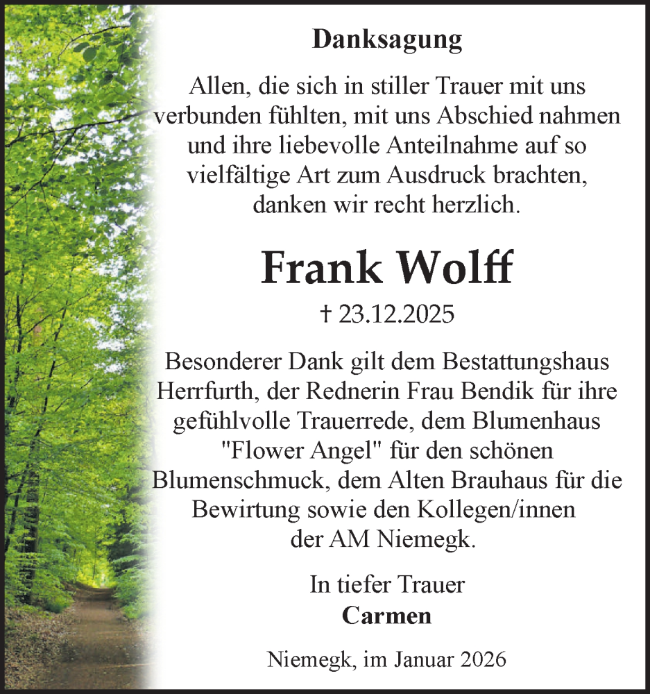  Traueranzeige für Frank Wolff vom 31.01.2026 aus Märkische Oderzeitung