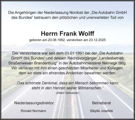 Traueranzeige von Frank Wolff von Märkische Oderzeitung