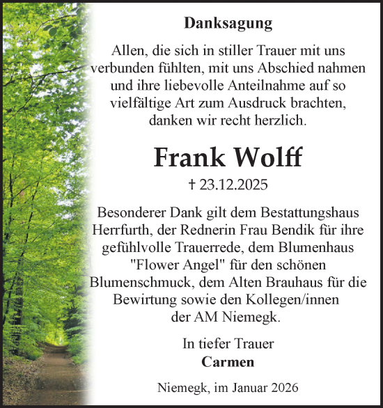 Traueranzeige von Frank Wolff von Märkische Oderzeitung