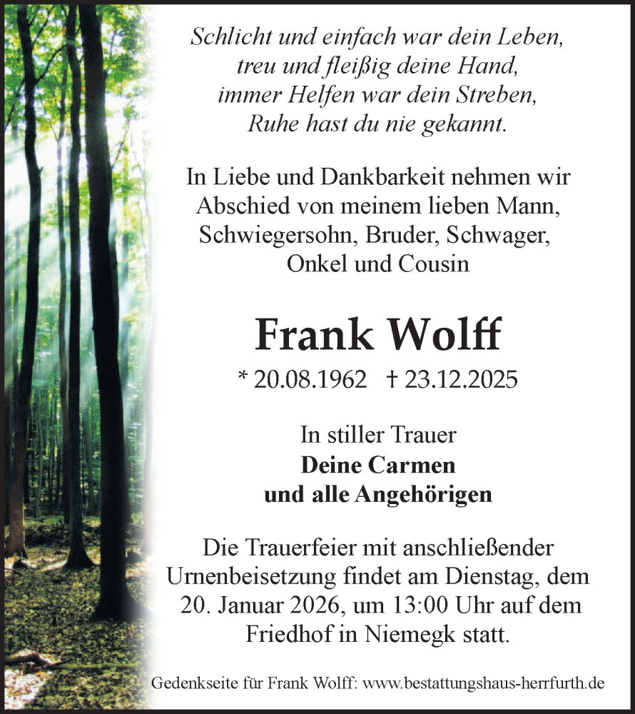  Traueranzeige für Frank Wolff vom 10.01.2026 aus Märkische Oderzeitung